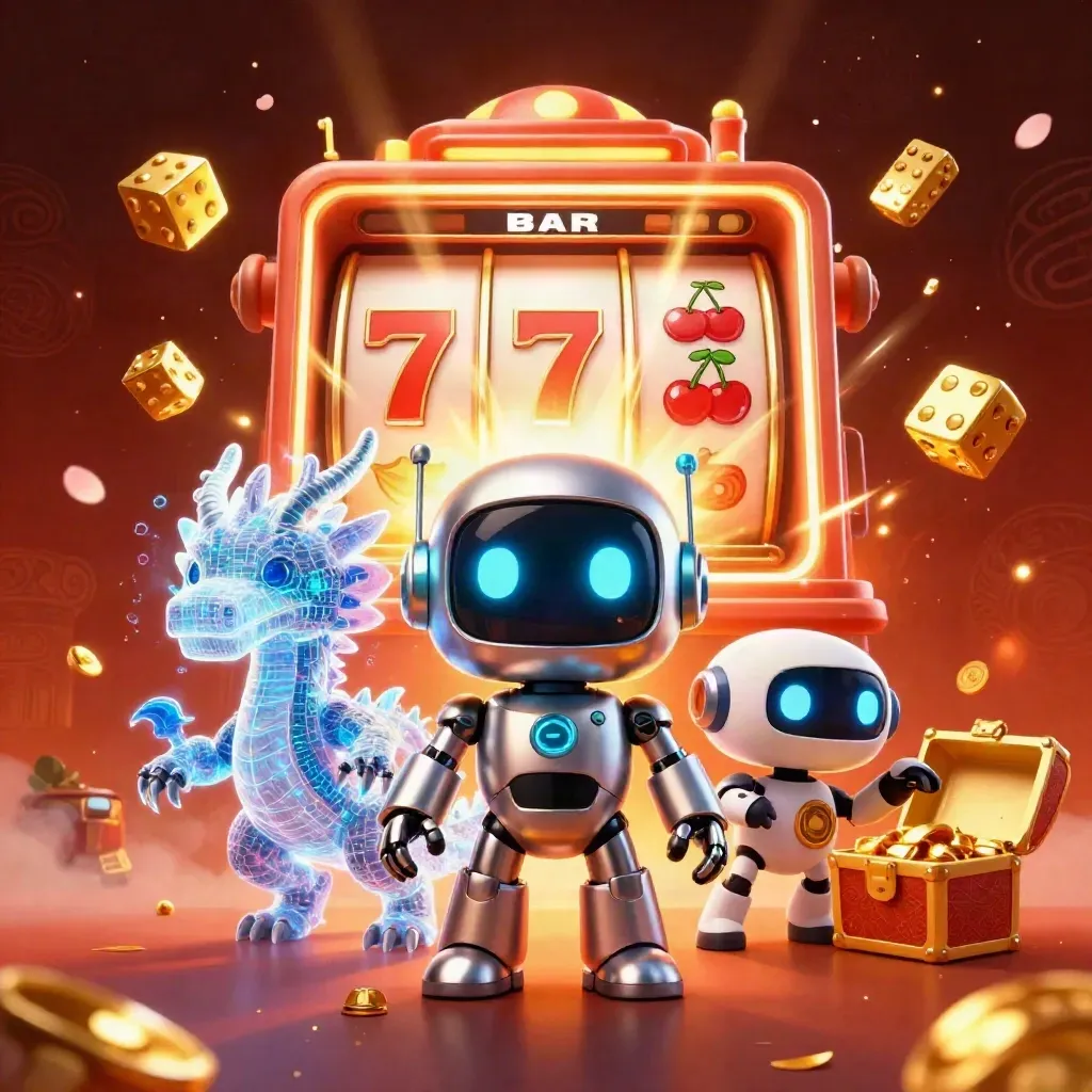 Cyberpunk robot, holographic dragon, and coin drone amid slot bursts, gold dice, and treasure.