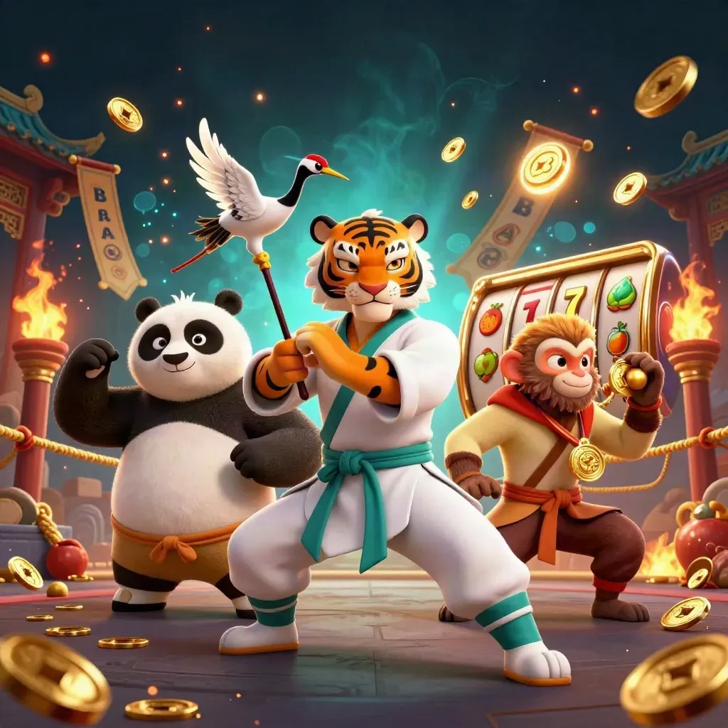 Kung-fu tiger, panda, and monkey amid casino magic, coins, reels, and teal-gold light.