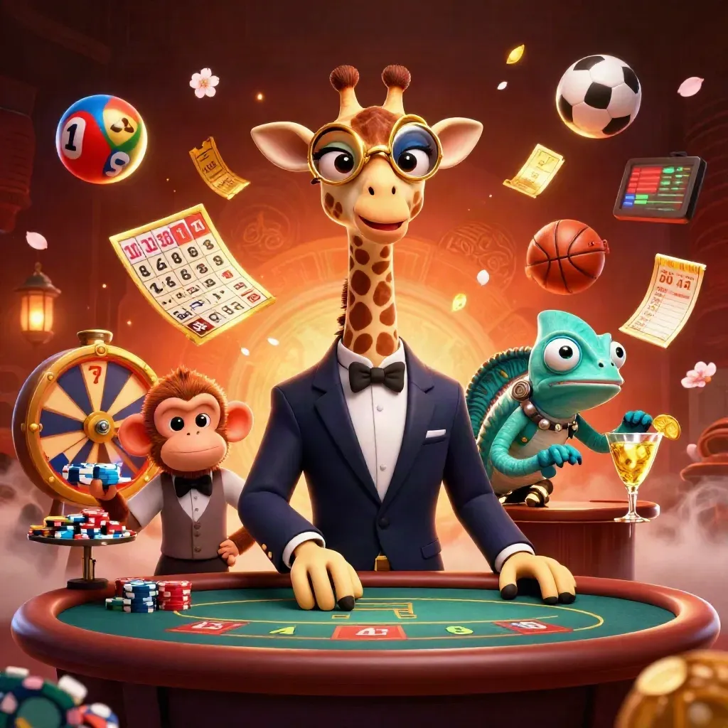 Giraffe high roller with valet monkey and chameleon bartender amid casino rewards and neon sparks