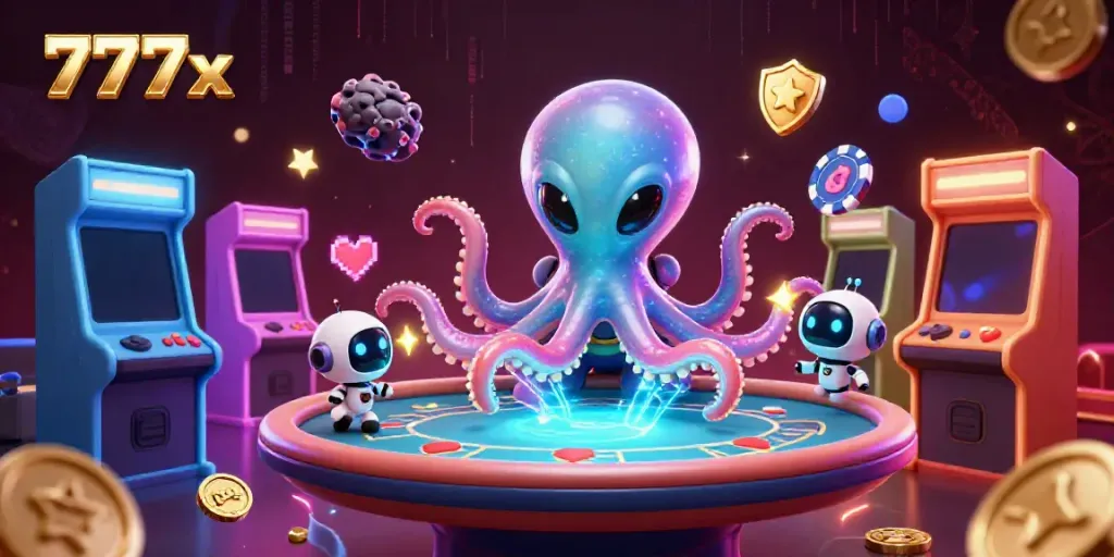 Play poker with the vibrant 777x octopus, surrounded by colorful gaming elements and cosmic chips.