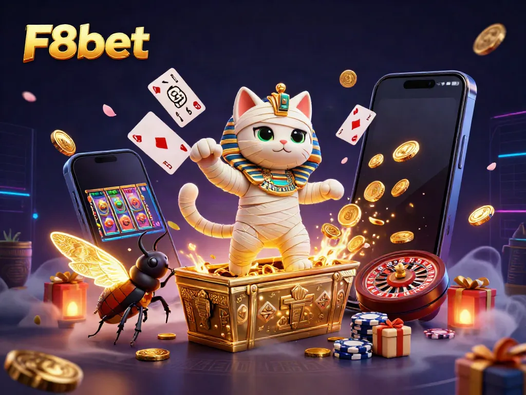 Play on F8bet with an engaging 3D casino scene featuring an Egyptian mummy cat and slot games.