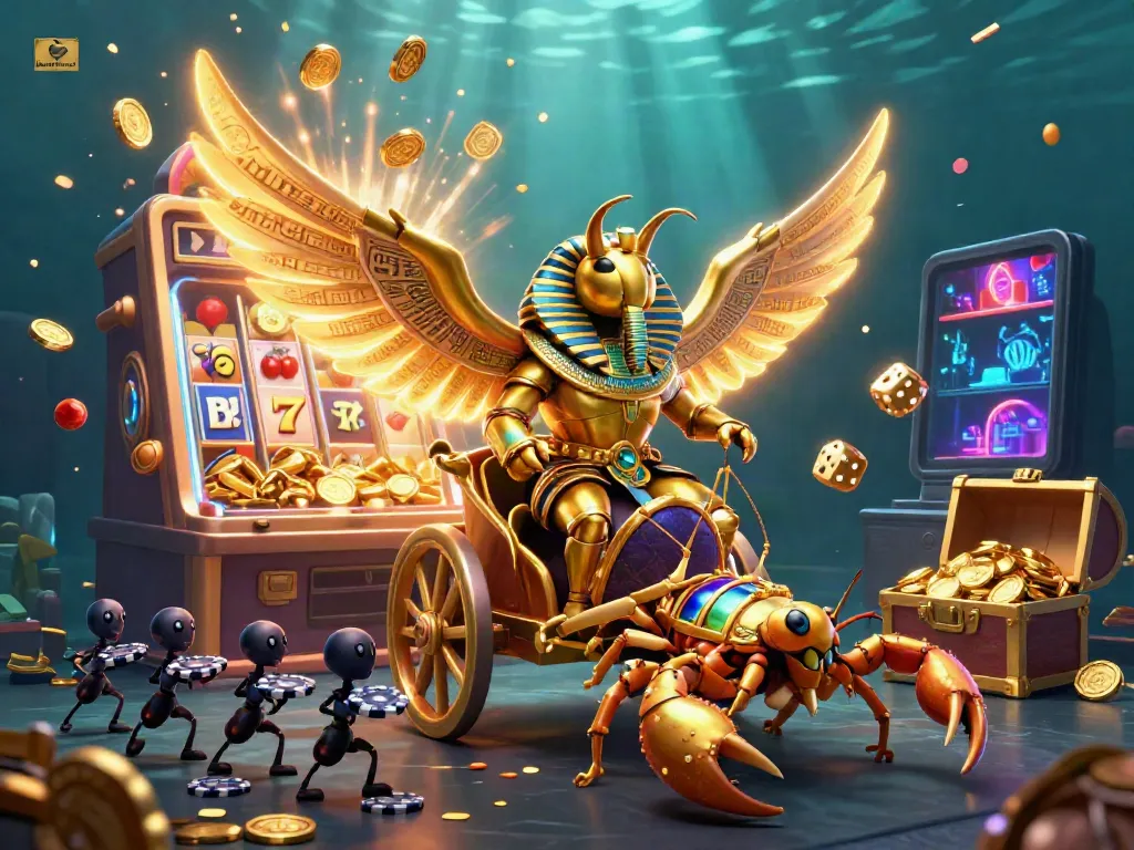 Engage with keonhacai's vibrant casino scene, showcasing thrilling slots, animated characters, and rich gold treasures.