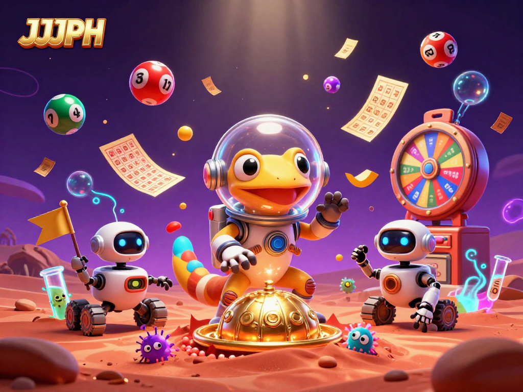 JJJPH na laro sa isang golden casino, masayang mga alien at loterya ng mga bola