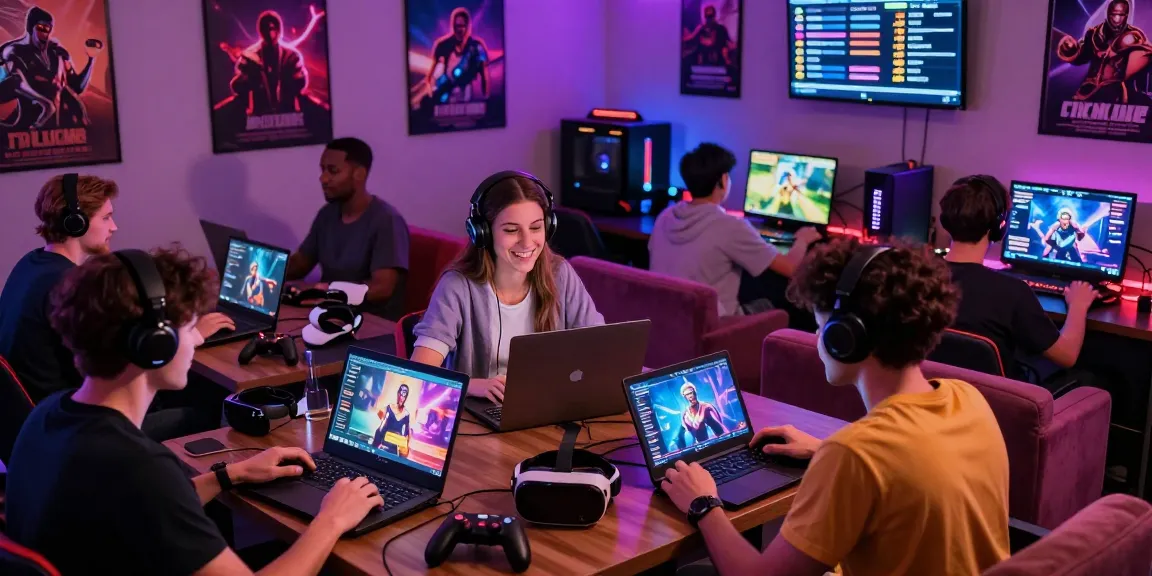 Players immersed in porn games online in a lively gaming lounge atmosphere.