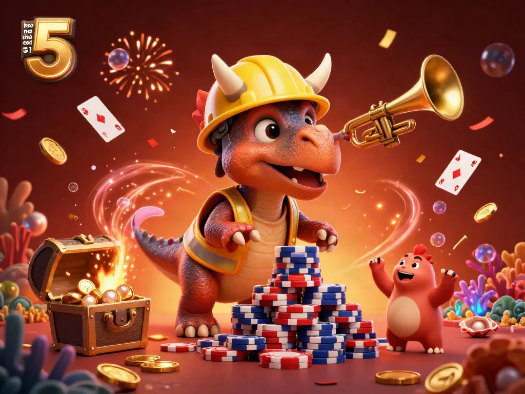 Immerse yourself in keo nha cai 5's thrilling gambling scene with cheerful dinosaur characters celebrating amidst poker chips and magical energy.