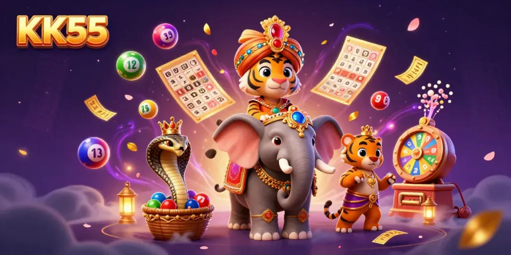 Experience thrilling games with KK55's immersive jackpot and lottery elements in a vibrant fantasy scene.