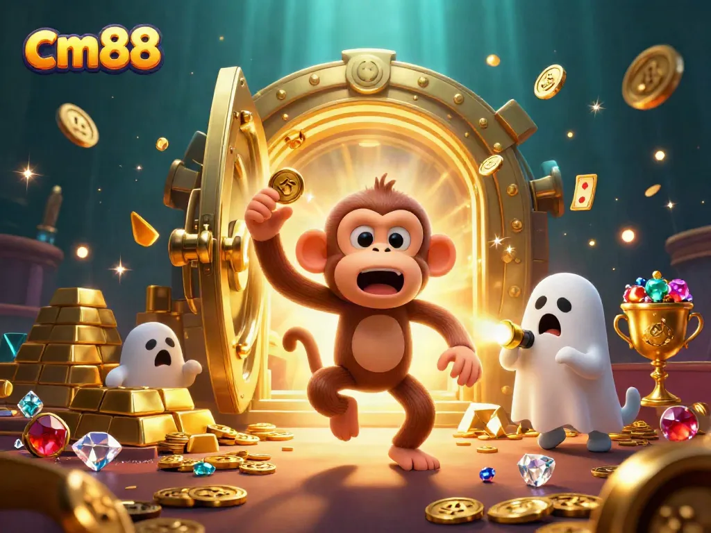 Experience thrilling gameplay with cm88, as golden coins and a playful poltergeist monkey fill the haunted casino scene.
