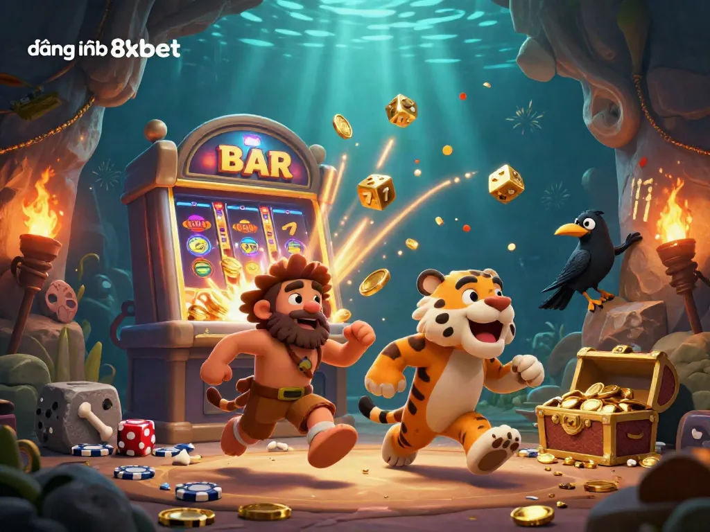 Engage with the exciting world of đăng nhập 8xbet in this vibrant 3D casino illustration featuring a caveman and sabertooth tiger.