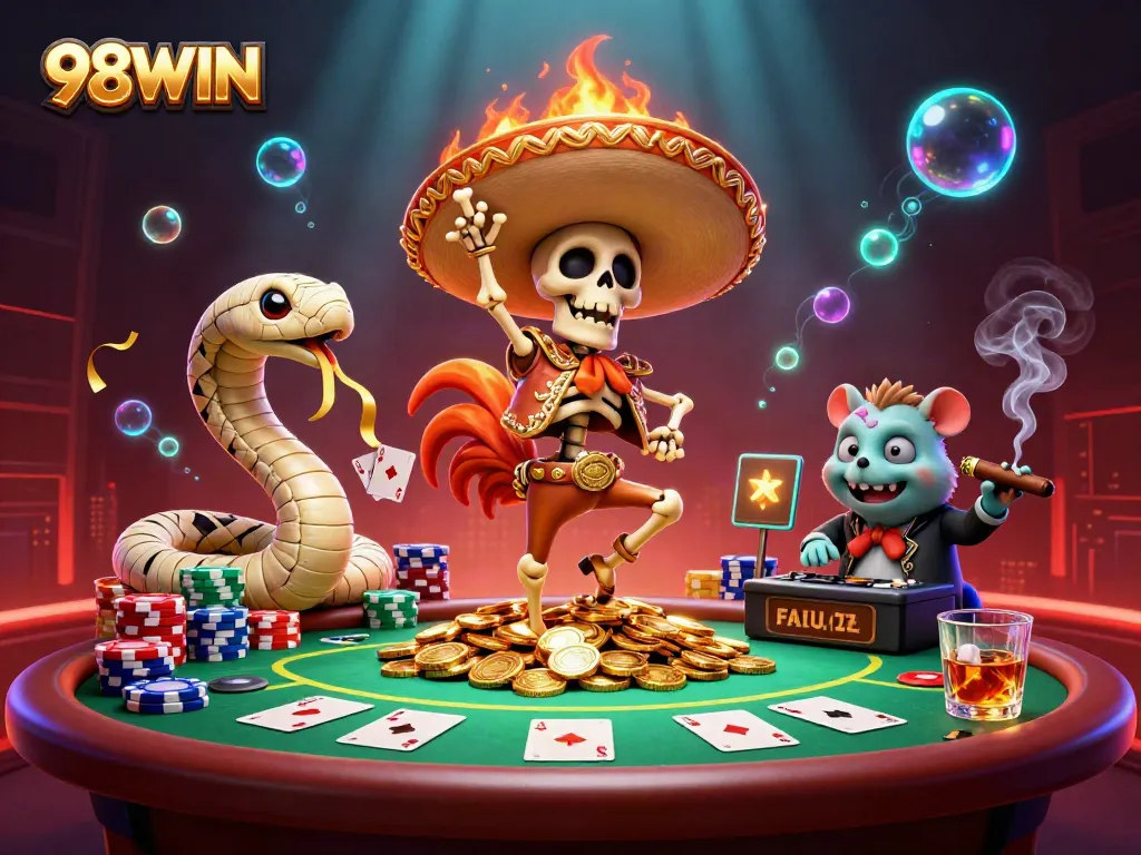 Engage in gaming excitement with 98WIN's vibrant victory dance scene featuring casino elements.