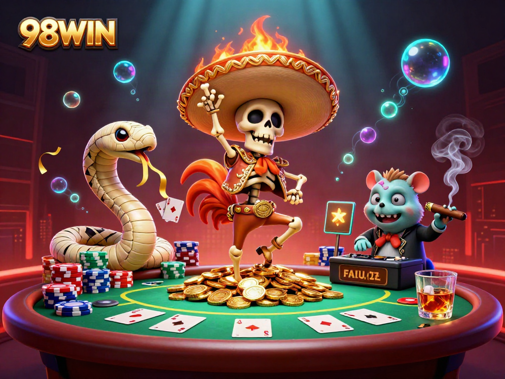 Engage in gaming excitement with 98WIN's vibrant victory dance scene featuring casino elements.