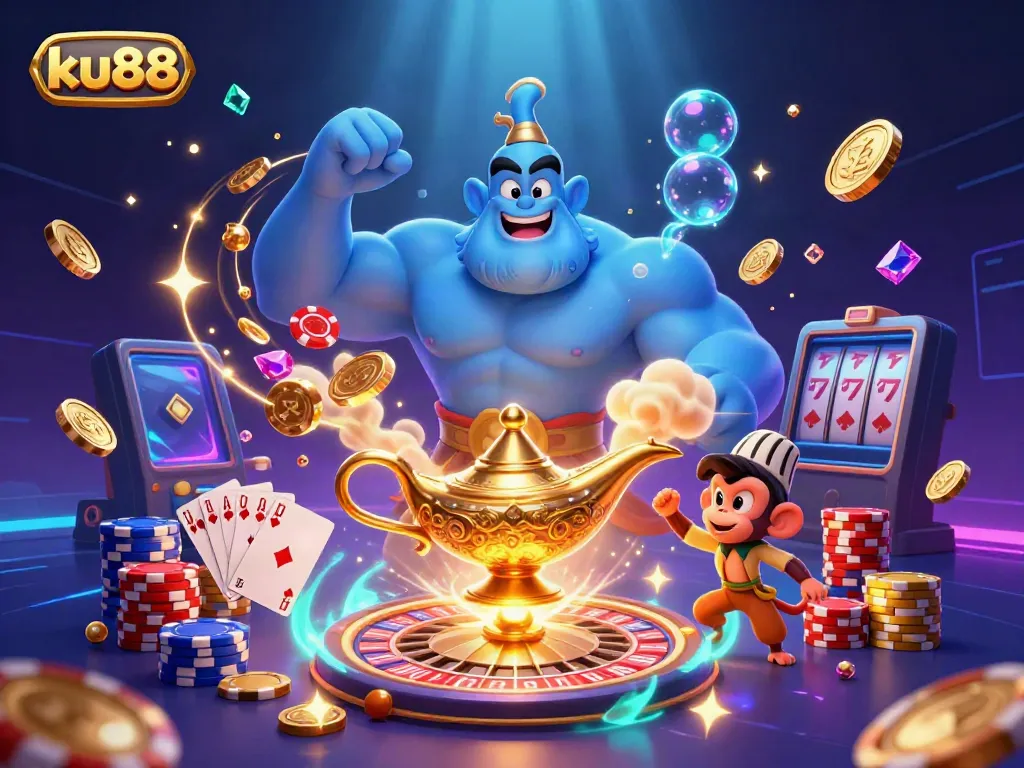 Experience the thrill of ku88 casino with a magical genie, poker chips, and cascading coins.