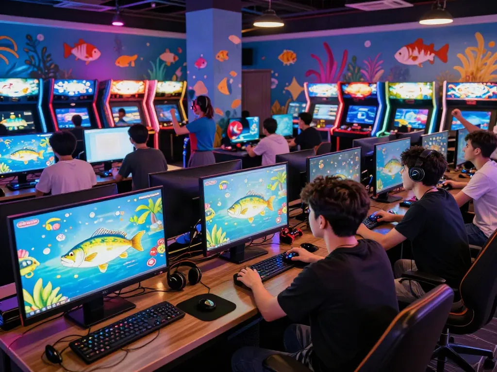 Engaging scene of players enjoying lại là Bắn cá đổi thưởng in a vibrant gaming lounge with lively atmosphere.