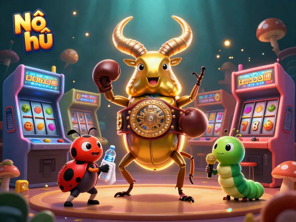 Nổ hũ champions compete in a dynamic casino-themed scene full of vibrant slot game elements.