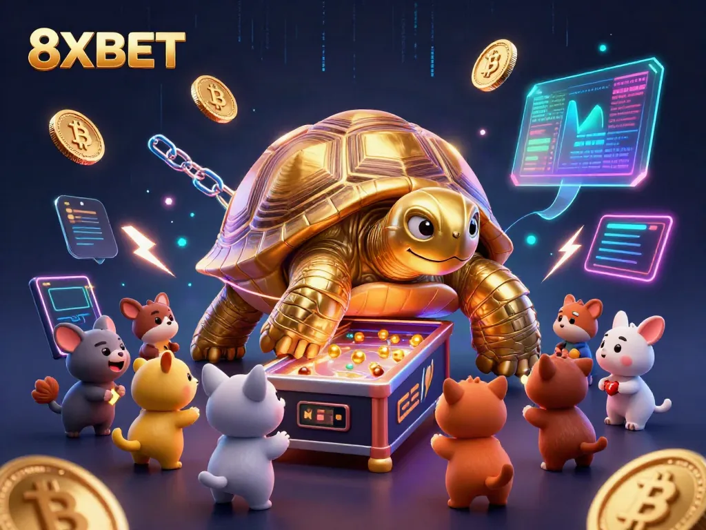 Experience the excitement of 8XBET with a colossal golden tortoise pinball machine and glowing crypto coins in this vibrant digital scene.