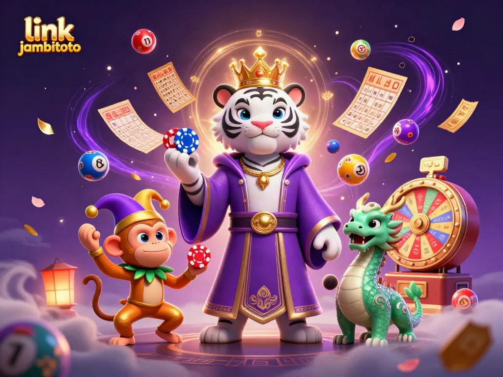 Engage with link jambitoto as the royal tiger and jester monkey depict a vibrant online gambling scene.