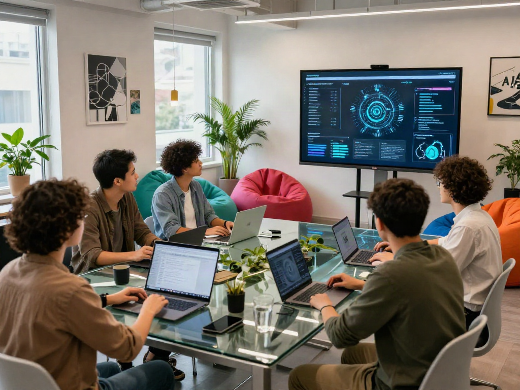 Team collaborating in a tech startup workspace focused on AI 18+ innovations.