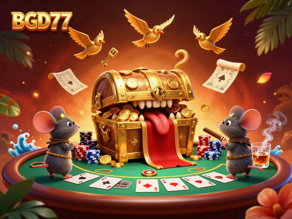 Experience the vibrant gaming excitement at BGD77 with a treasure chest and poker elements.