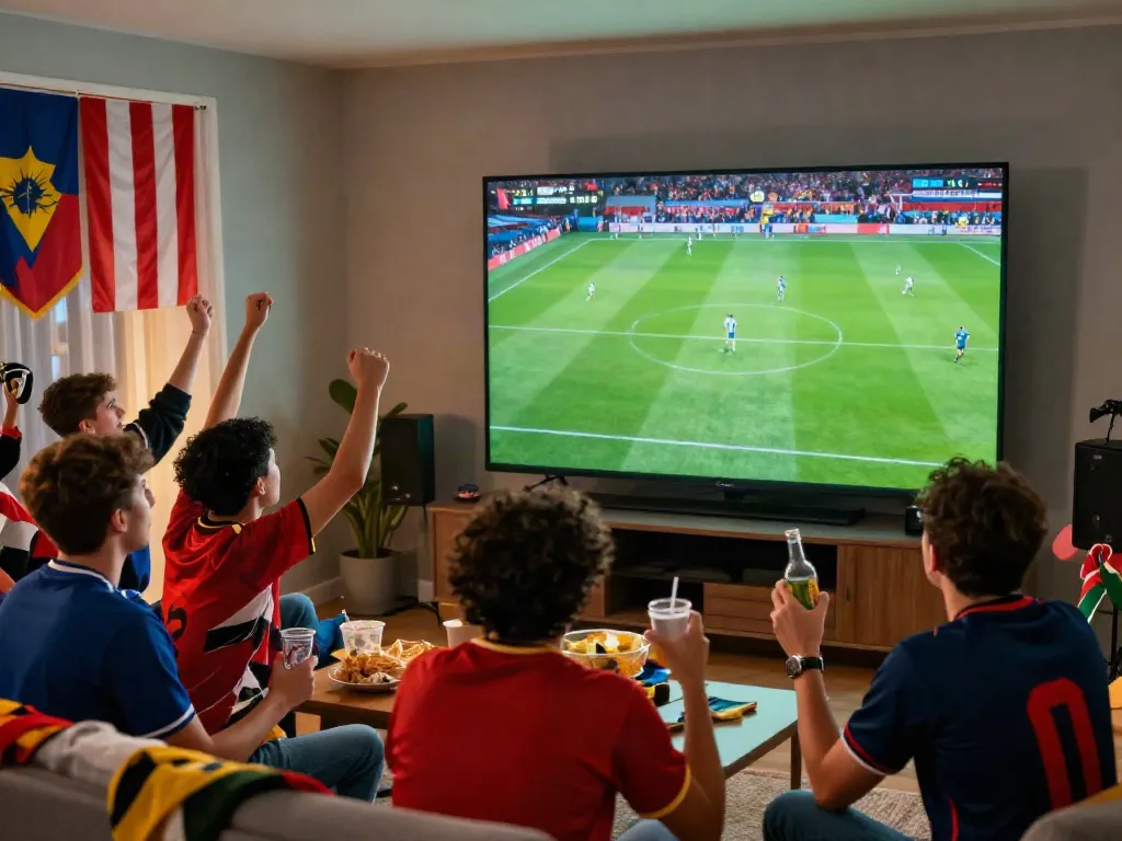 Fans enjoying a live football match on Thapcamtv, surrounded by team jerseys and vibrant atmosphere.