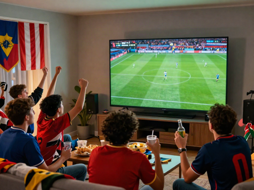 Fans enjoying a live football match on Thapcamtv, surrounded by team jerseys and vibrant atmosphere.