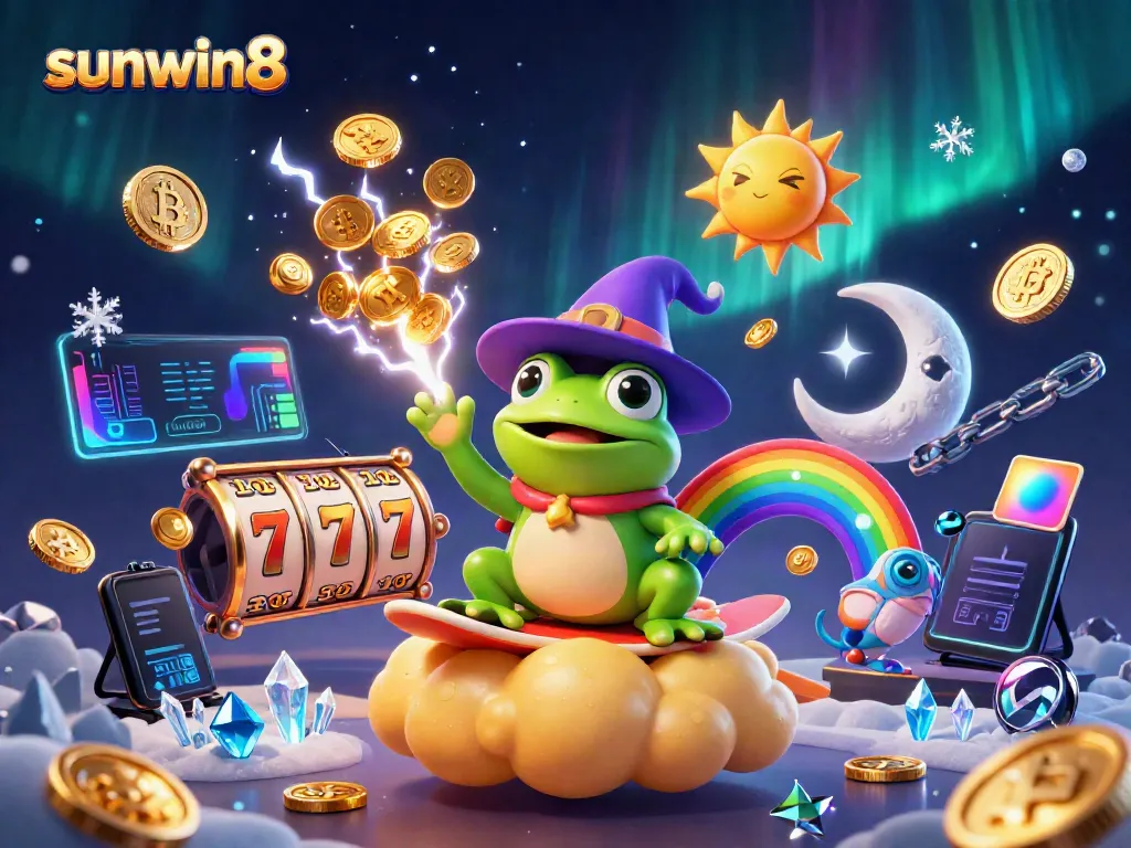 Experience sunwin8 jackpot excitement with a vibrant 3D scene showcasing diverse casino elements.