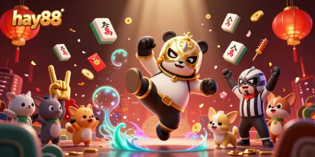 Experience excitement at hay88 with a dynamic 3D rendering of a wrestler panda in action, surrounded by vibrant casino elements.
