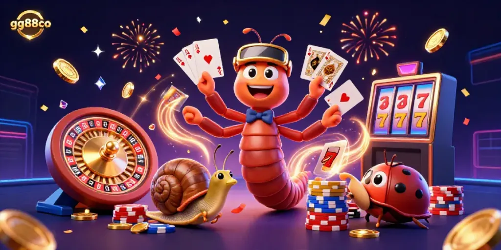 Engage in thrilling casino action with gg88co's vibrant 3D casino scene featuring a millipede dealer and high-roller snail.