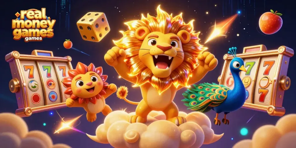Engage with the excitement of real money casino games, featuring a vibrant 3D illustration with a roaring lion and casino elements.