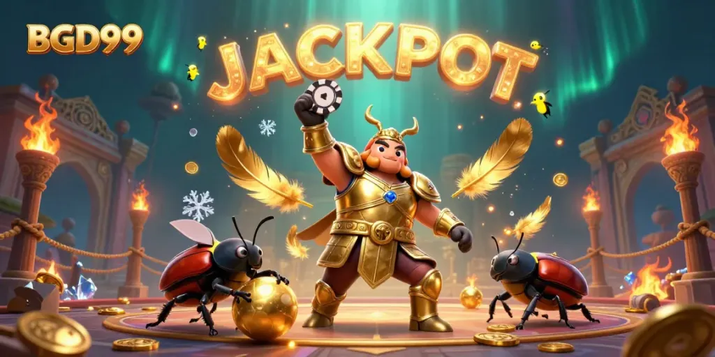 Experience thrilling wins at BGD99 with the heroic cartoon beetle in a dynamic casino scene.