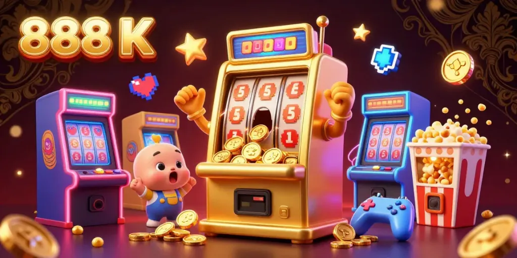 Experience the excitement of winning with 888 K, featuring a golden slot machine celebrating a jackpot amidst vibrant arcade elements.