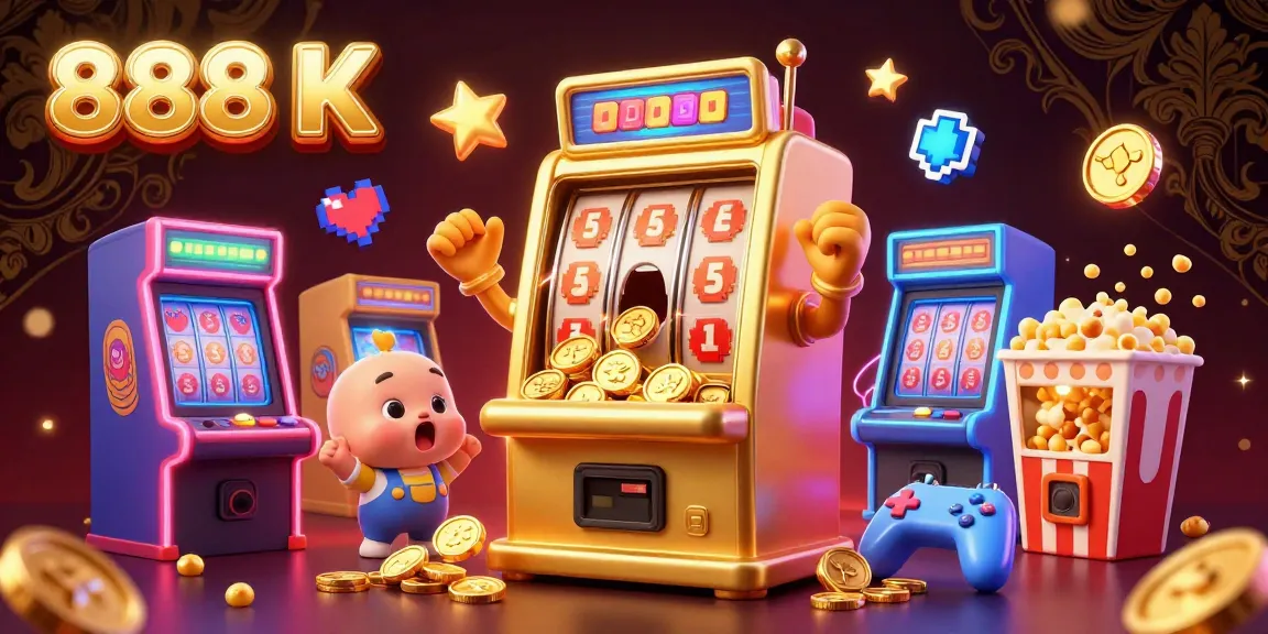 Experience the excitement of winning with 888 K, featuring a golden slot machine celebrating a jackpot amidst vibrant arcade elements.