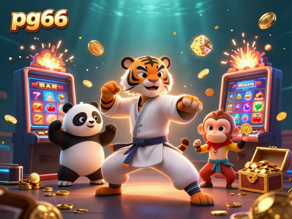 Engage in thrilling gaming adventures at pg66, where a kung fu master, panda, and monkey enjoy jackpot wins.