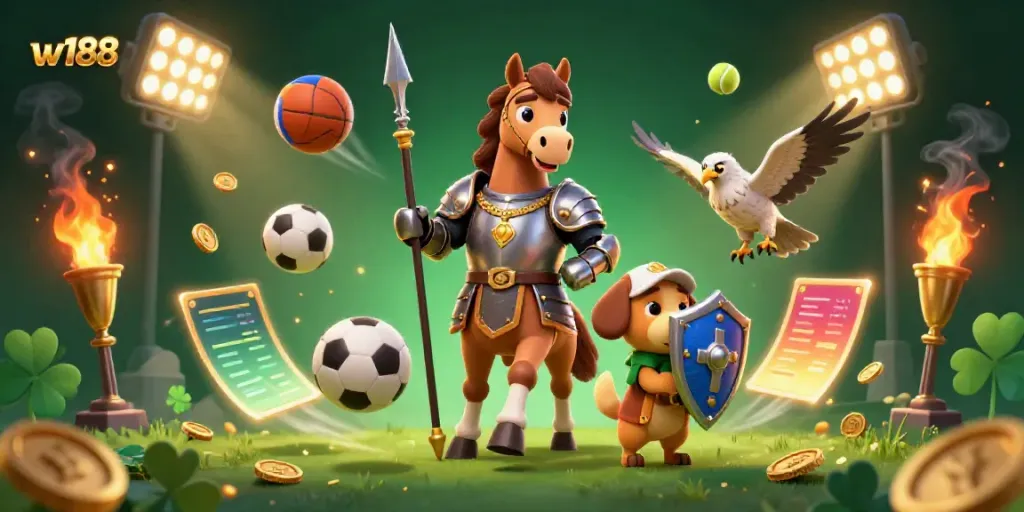 Exciting w188 betting scene featuring a knight, puppy, and falcon amidst flying sports balls and golden trophies.