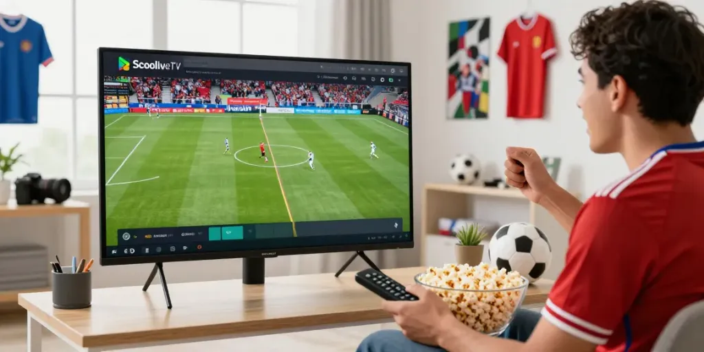 Soccer fan enjoying a live match via Socolive streaming in a vibrant home setting.