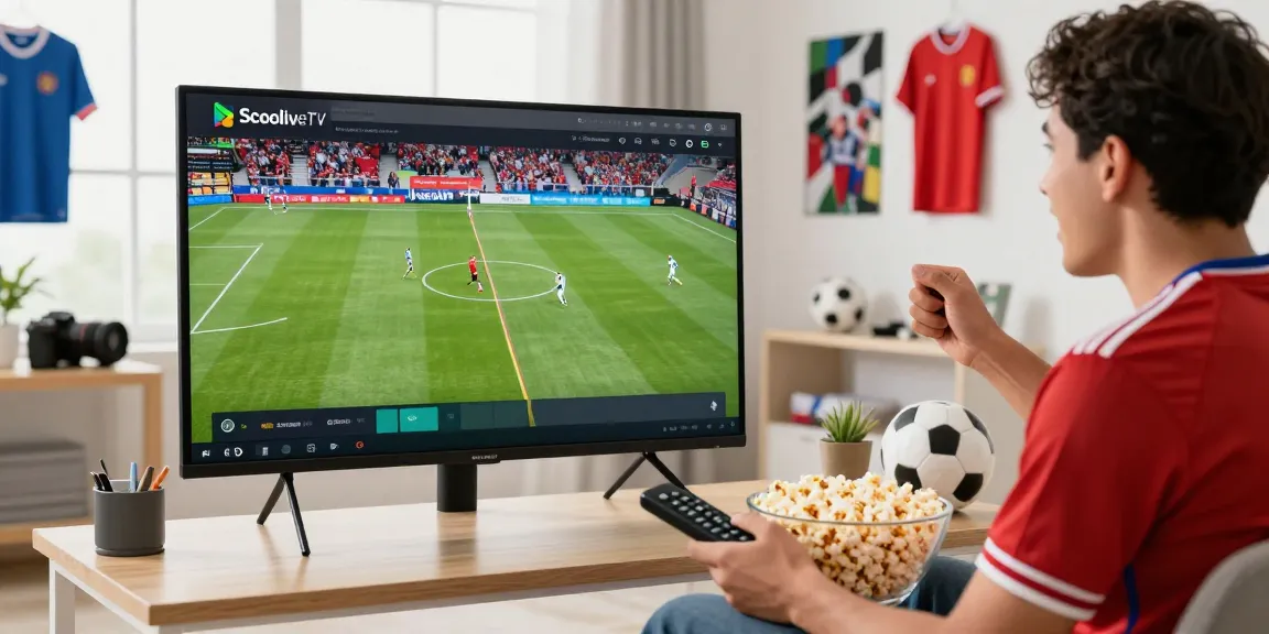 Soccer fan enjoying a live match via Socolive streaming in a vibrant home setting.