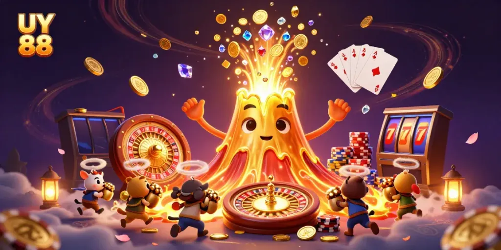 Win with UY 88 at the vibrant casino scene featuring gold coins and treasures.