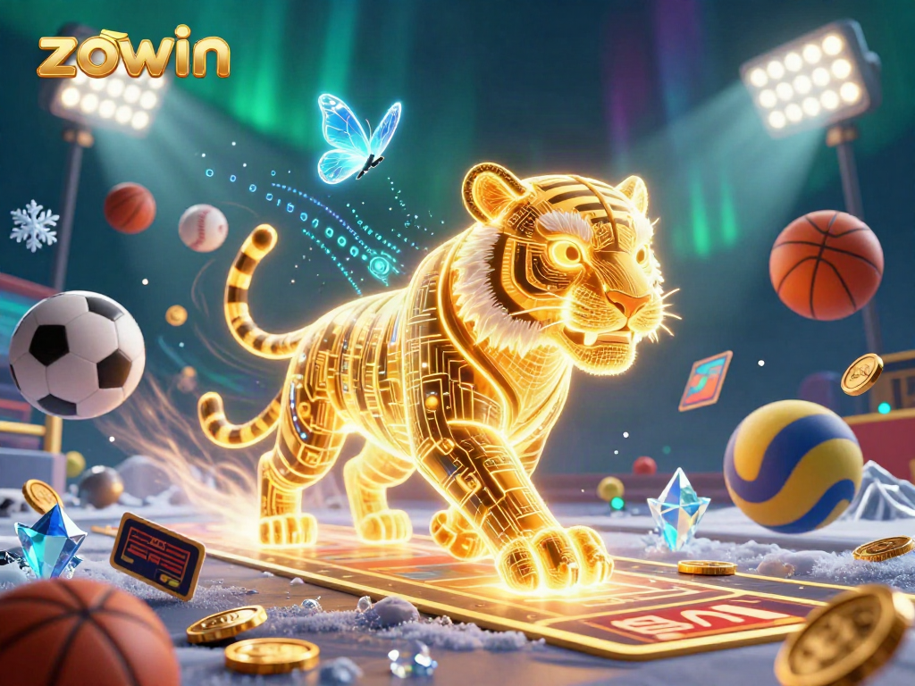 Zowin casino showcases thrilling gameplay with neon golden tiger and sports elements in a dynamic scene.