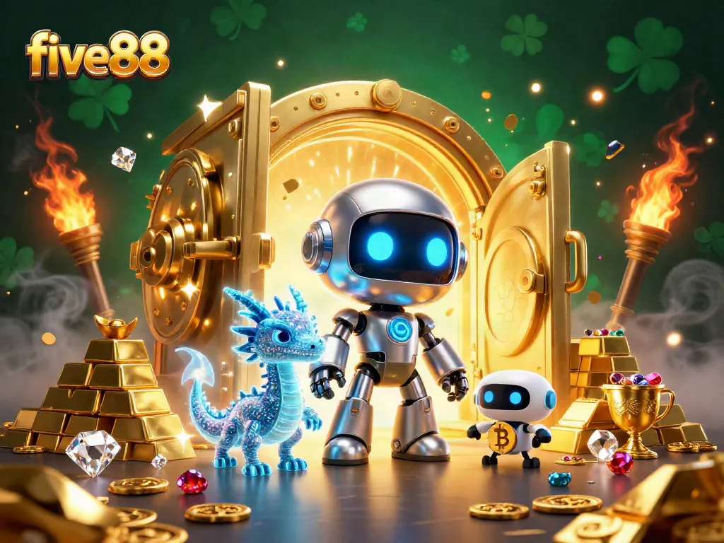 Engage with five88 Casino's vibrant 3D illustration showcasing cyberpunk characters amidst dazzling treasures.