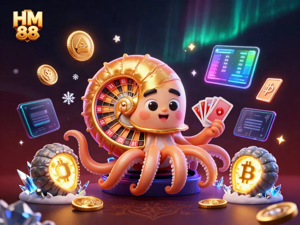 Experience thrilling gameplay at HM 88, featuring an ancient nautilus and crypto coins in an elegant casino setting.