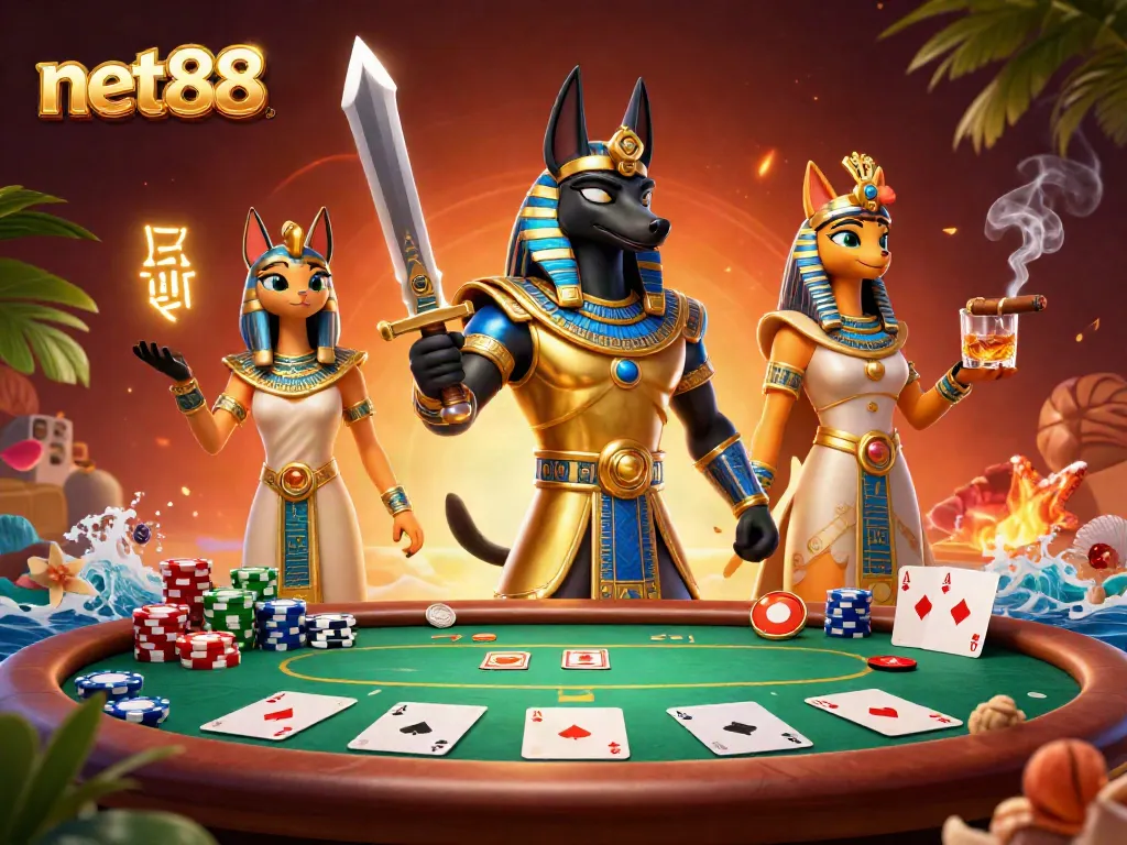 Experience net88's lively poker game with ancient Egyptian characters, vibrant visuals, and dynamic action.