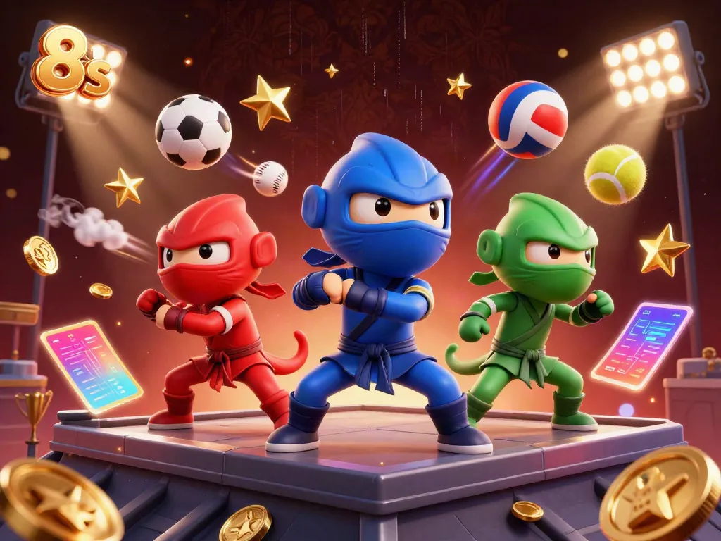 Chameleons in a vibrant martial arts scene featuring 8s casino elements and dynamic sports visuals