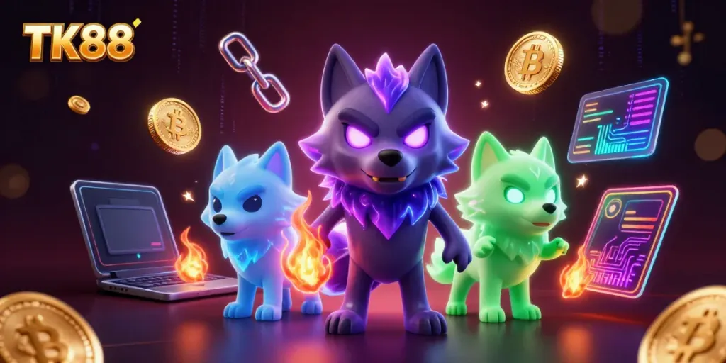Engage with TK88's vibrant 3D illustration of glowing wolves and cryptocurrency elements in a casino atmosphere.
