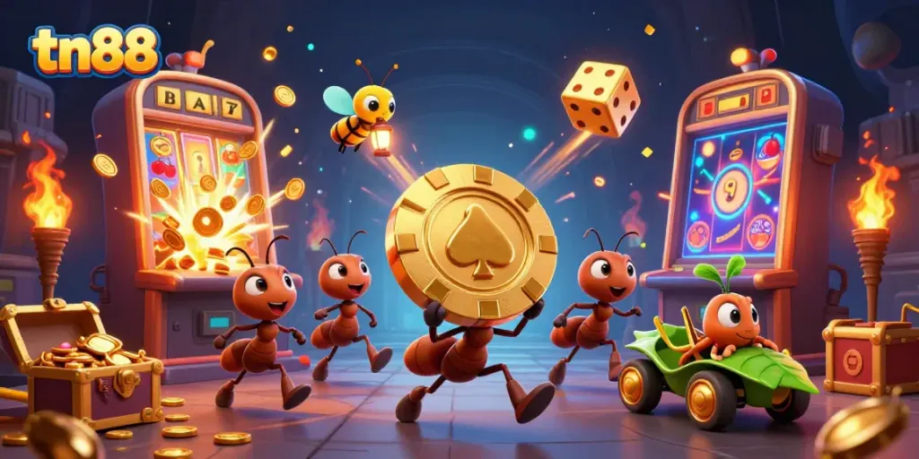 Experience thrilling gaming action with tn88 in a vibrant heist scene featuring playful ants.