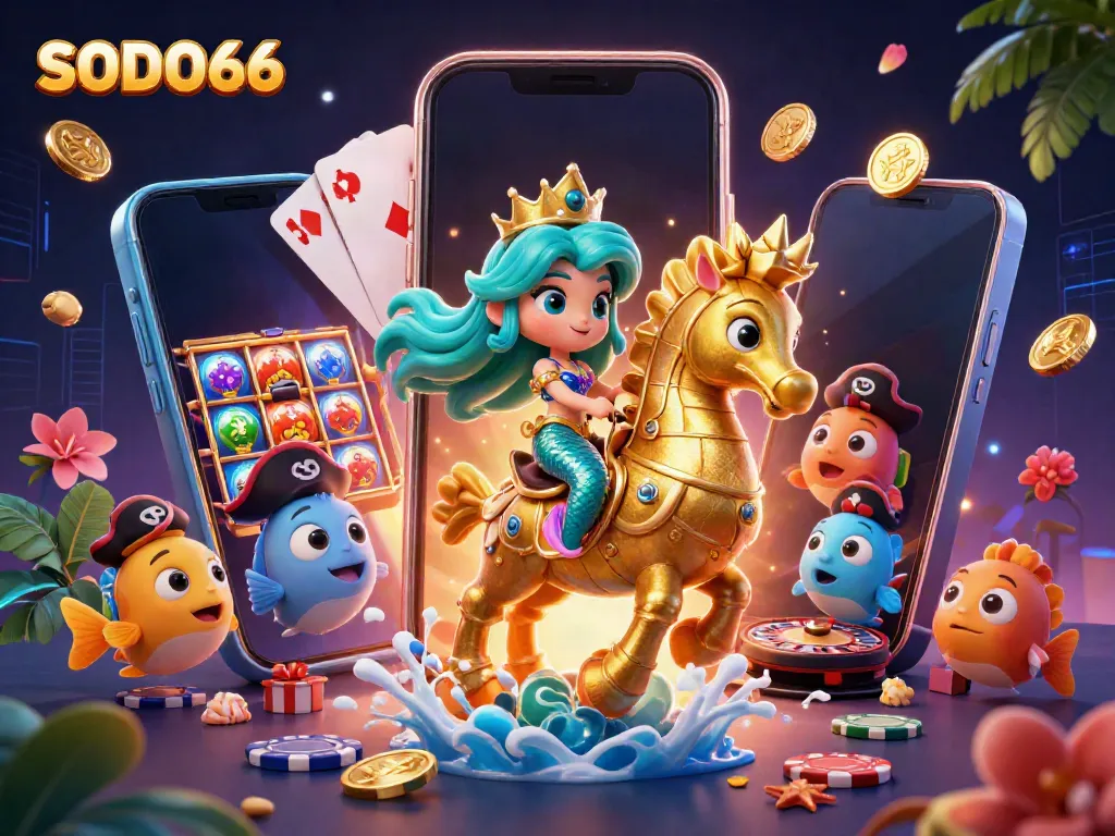 SODO66's mermaid princess riding a seahorse amidst bingo and slot gaming elements
