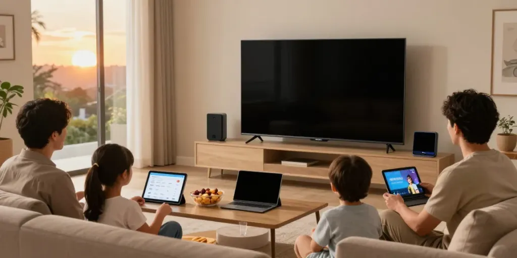 Family enjoying USA IPTV streaming in a cozy living room setting