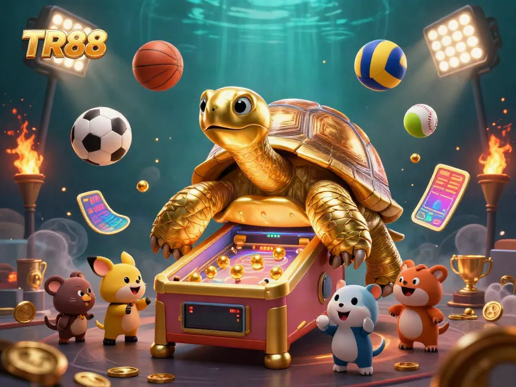 Experience the excitement of TR88 casino gaming with birds-eye view of a vibrant, dynamic 3D scene.