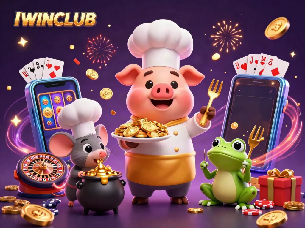IWINCLUB aims for success with chef pig, sous-chef mouse, and critic frog celebrating a golden jackpot.