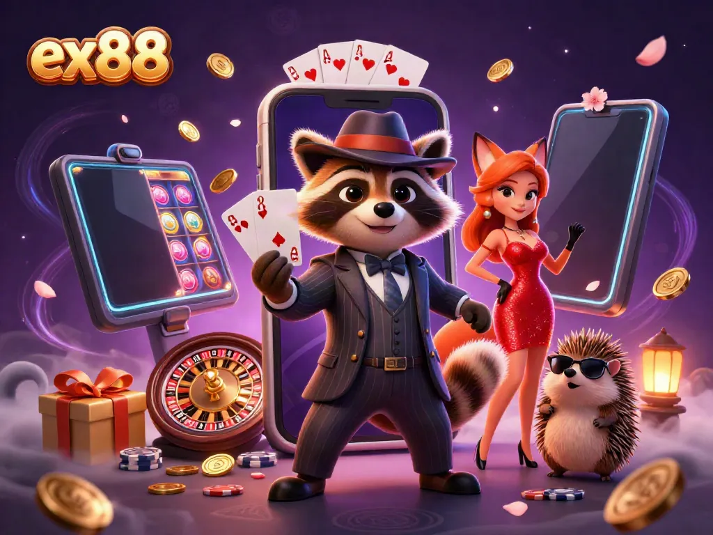 Experience excitement with ex88 as a suave raccoon and companions enjoy casino gaming action.