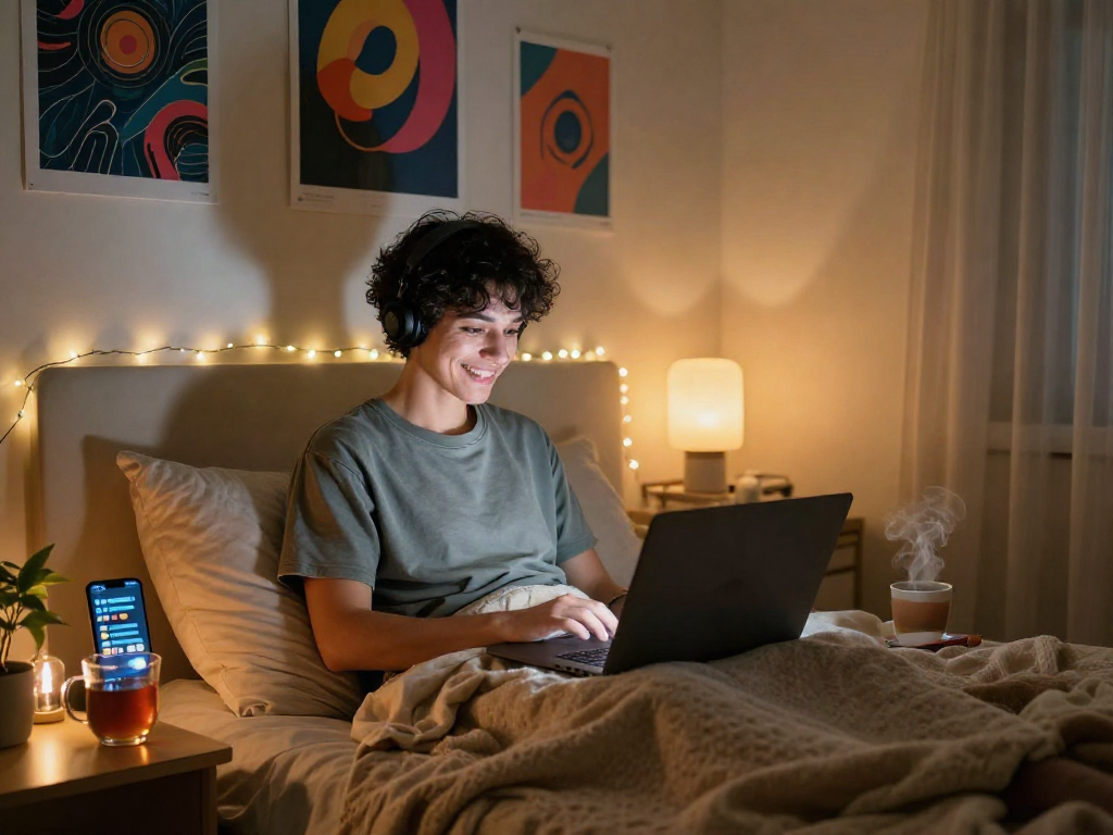 Engaging in a porn chat ai session in a cozy bedroom setting.