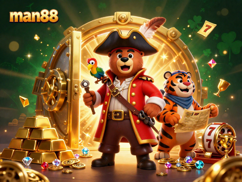 Experience thrilling wins at man88 with a vibrant casino scene featuring treasures and slot machines.