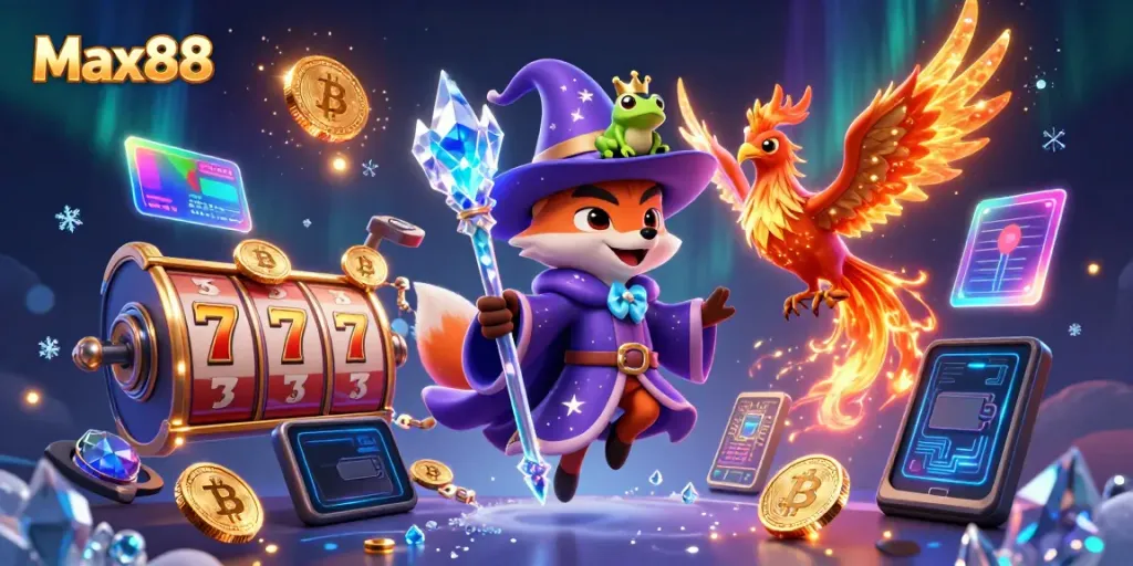 Max88 champions a mystical experience with a 3D cartoon wizard fox, phoenix, and vibrant slot elements.